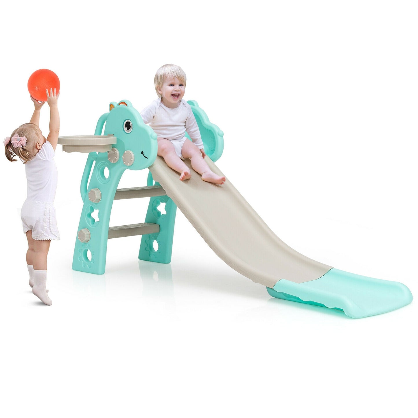 3-in-1 Kids Slide Baby Play Climber Slide Set with Basketball Hoop -Green Kids Crystal