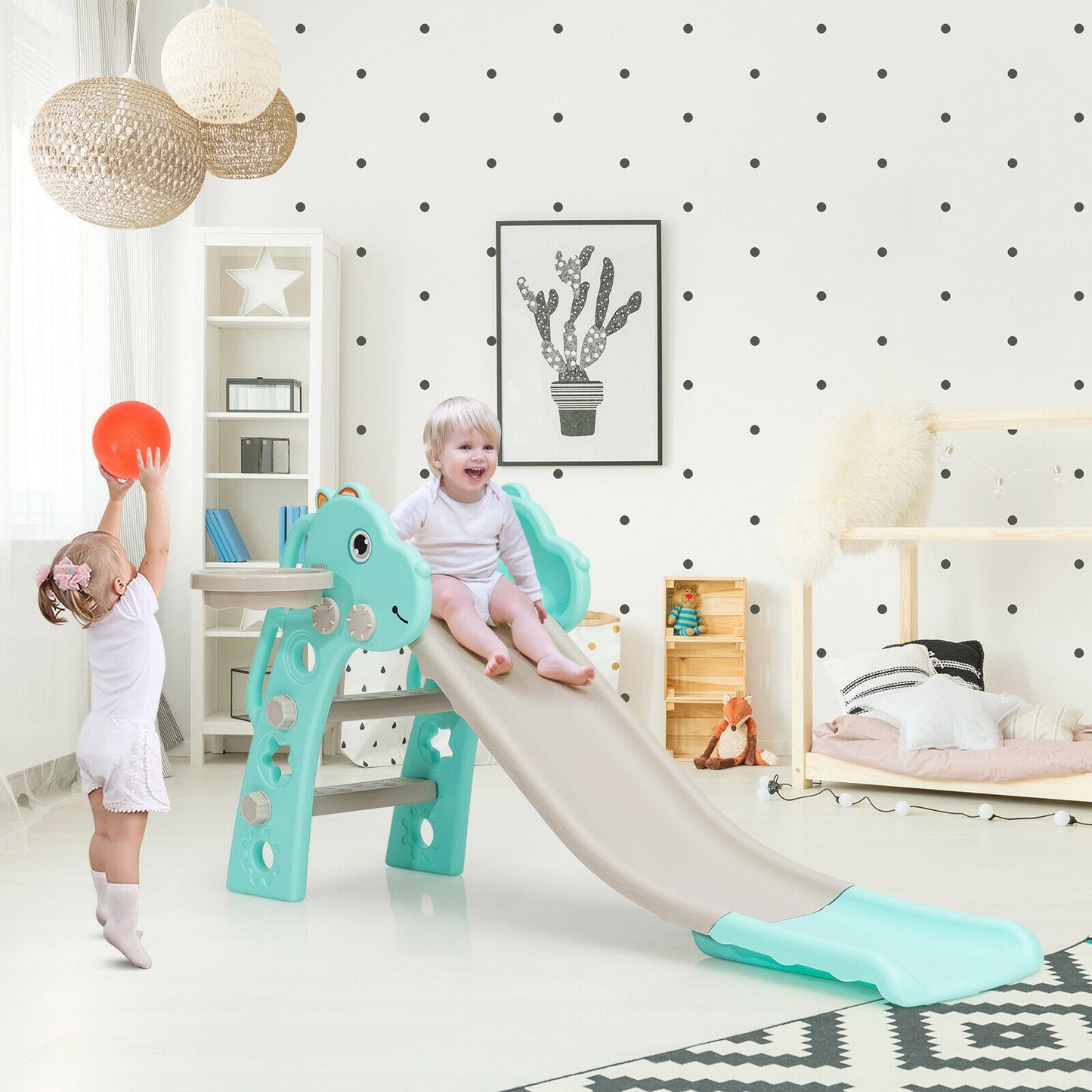 3-in-1 Kids Slide Baby Play Climber Slide Set with Basketball Hoop -Green Kids Crystal