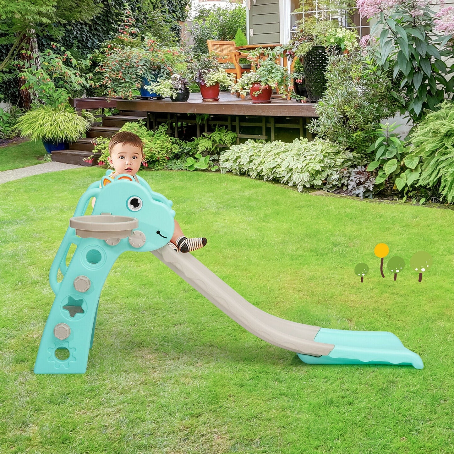 3-in-1 Kids Slide Baby Play Climber Slide Set with Basketball Hoop -Green Kids Crystal
