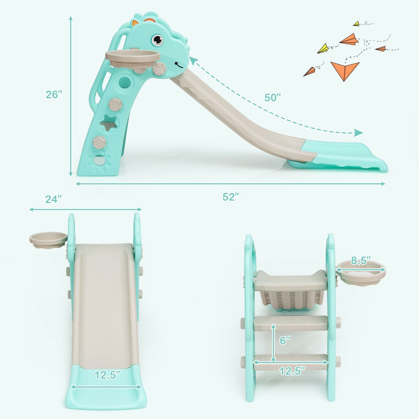 3-in-1 Kids Slide Baby Play Climber Slide Set with Basketball Hoop -Green Kids Crystal