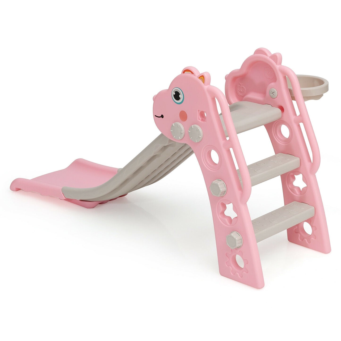 3-in-1 Kids Slide Baby Play Climber Slide Set with Basketball Hoop-Pink Kids Crystal