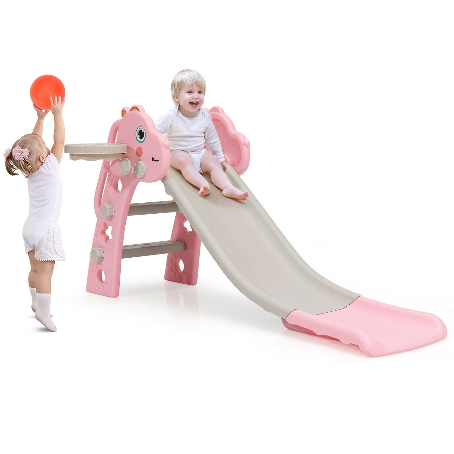 3-in-1 Kids Slide Baby Play Climber Slide Set with Basketball Hoop-Pink Kids Crystal