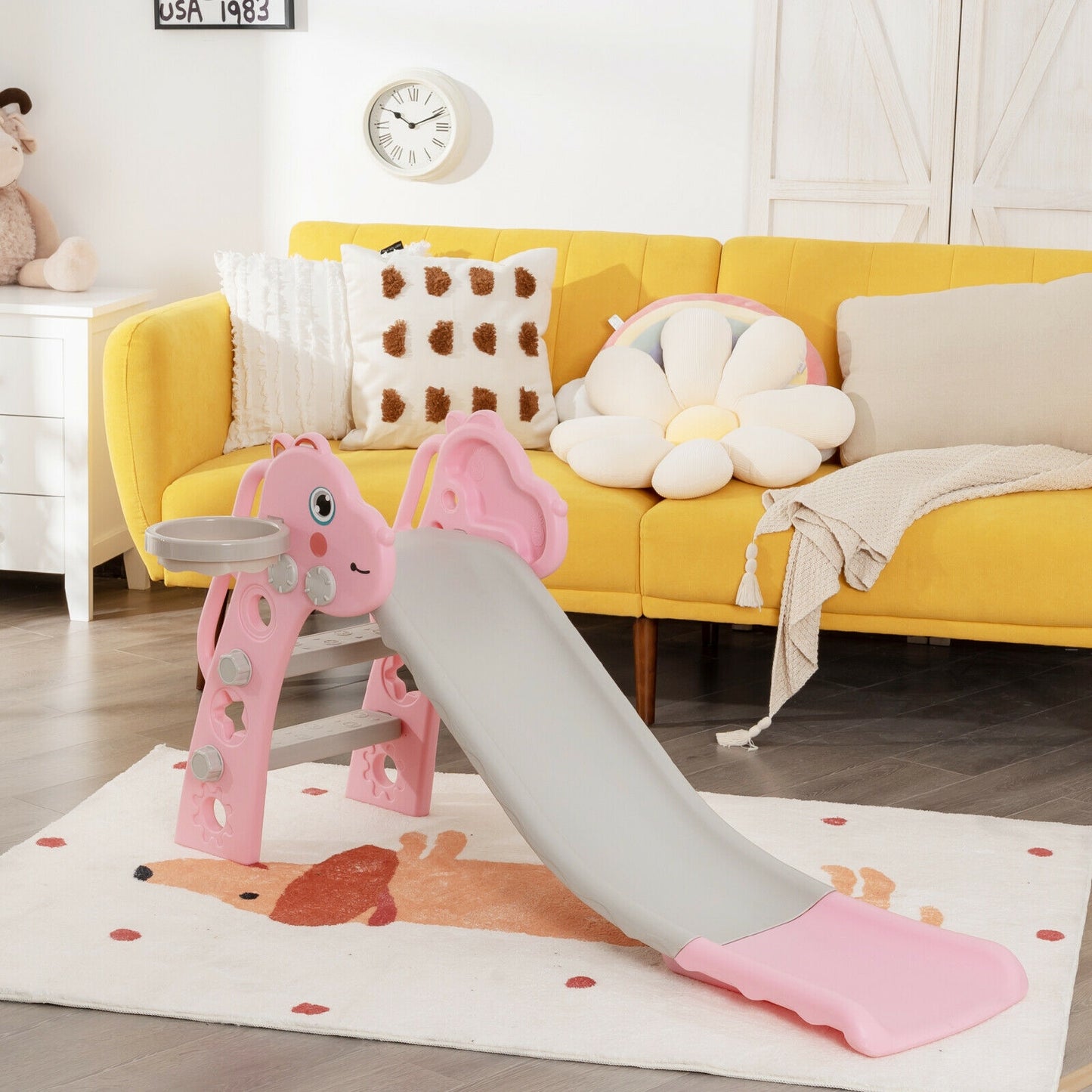 3-in-1 Kids Slide Baby Play Climber Slide Set with Basketball Hoop-Pink Kids Crystal