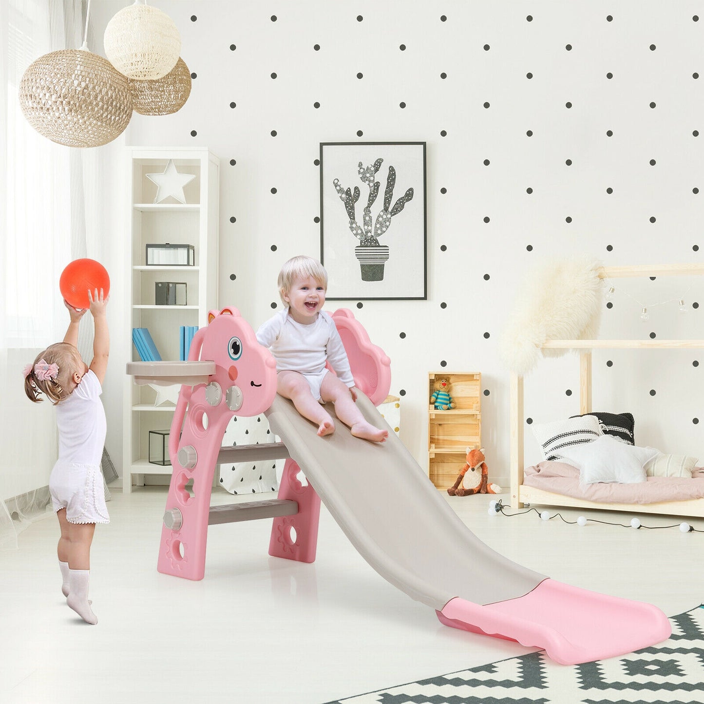 3-in-1 Kids Slide Baby Play Climber Slide Set with Basketball Hoop-Pink Kids Crystal