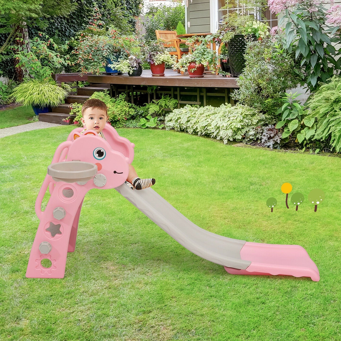 3-in-1 Kids Slide Baby Play Climber Slide Set with Basketball Hoop-Pink Kids Crystal