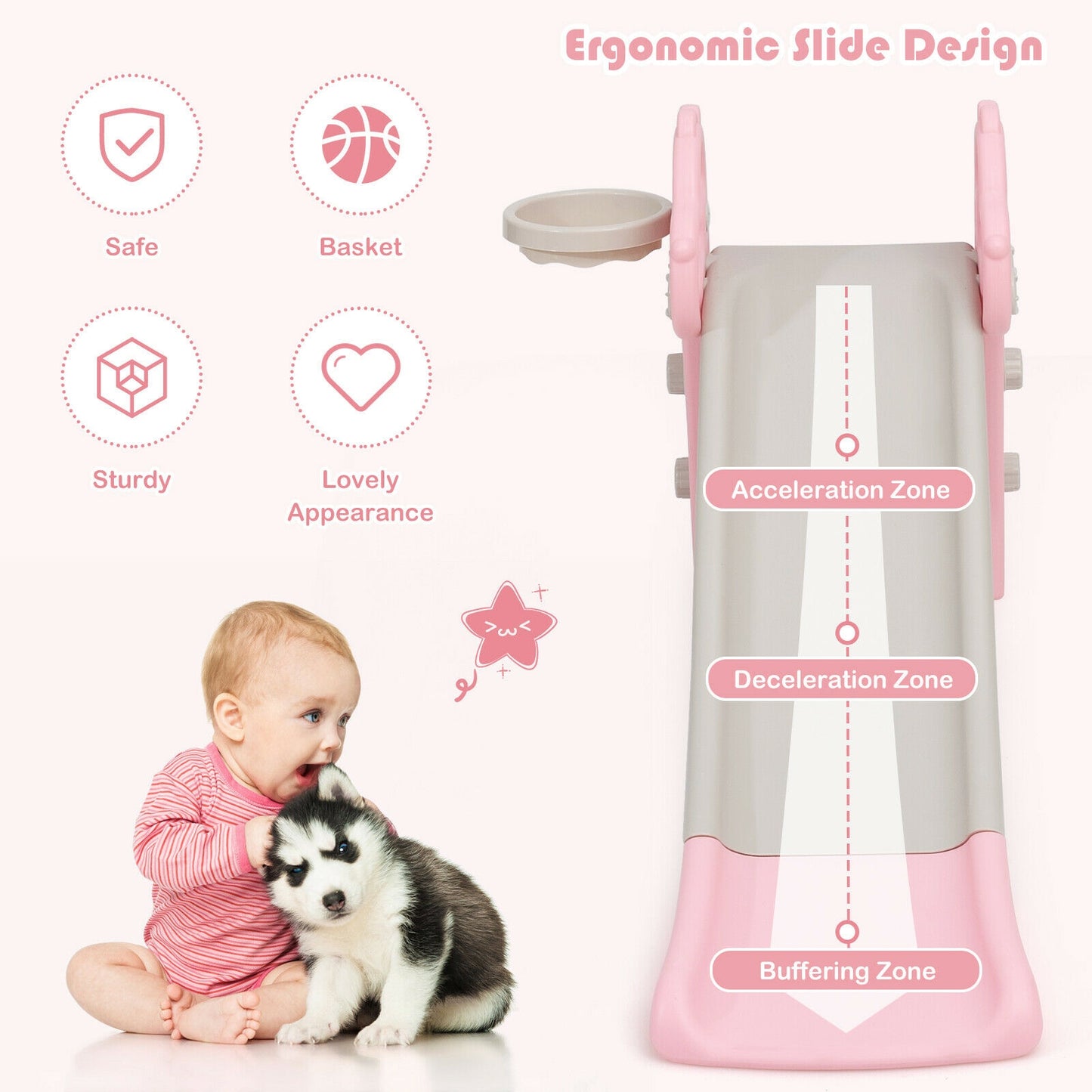 3-in-1 Kids Slide Baby Play Climber Slide Set with Basketball Hoop-Pink Kids Crystal