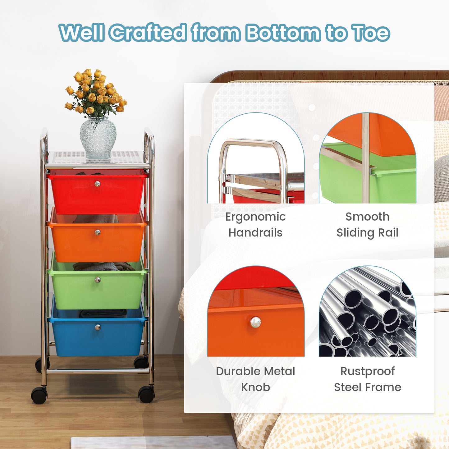 4-Drawer Cart Storage Bin Organizer Rolling with Plastic Drawers-Transparent Multicolor Kids Crystal