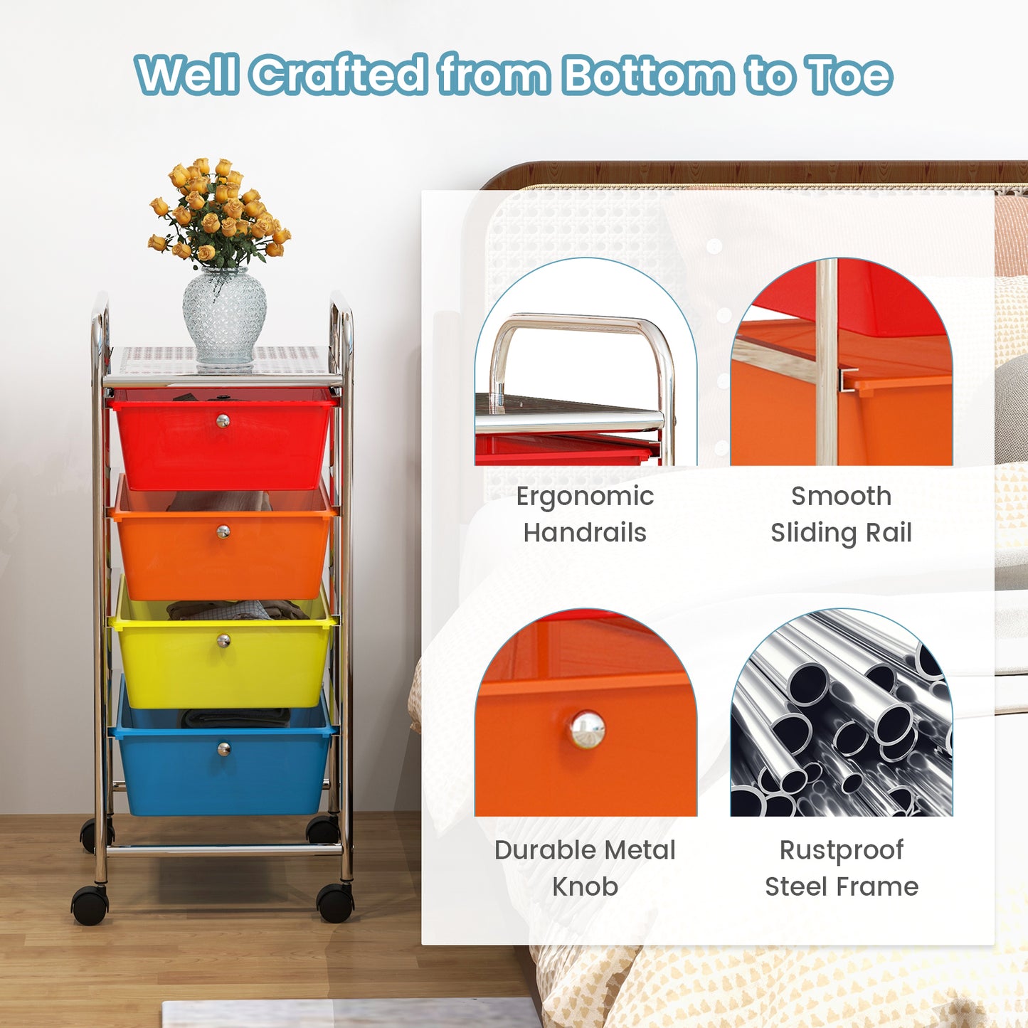 4-Drawer Cart Storage Bin Organizer Rolling with Plastic Drawers-Multicolor Kids Crystal