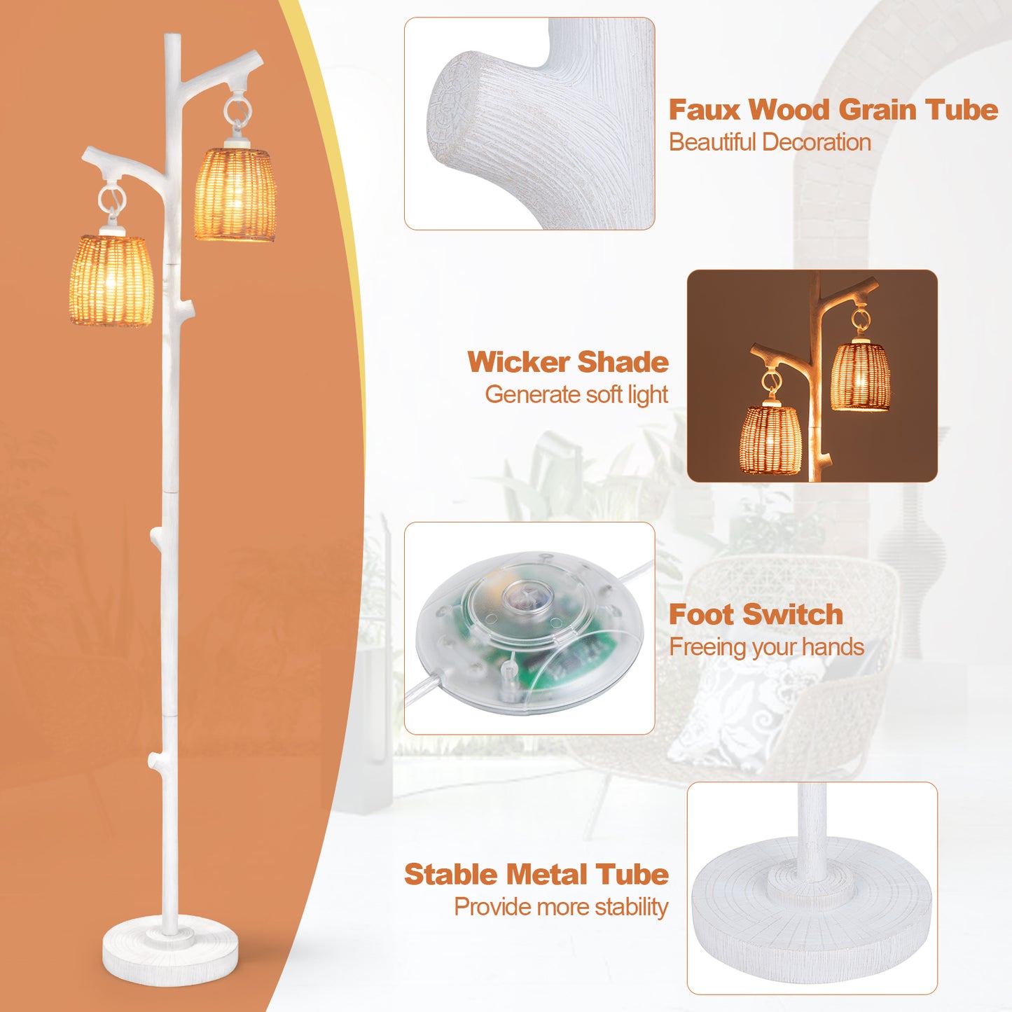 2 Light Tree Trunk Lamps with Wicker Shade-White Kids Crystal