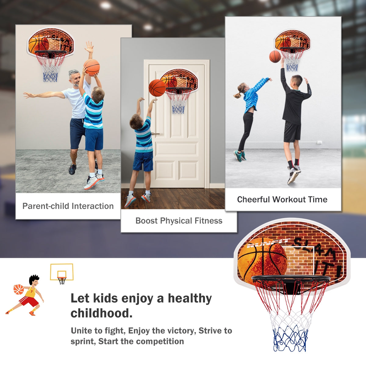 Wall Mounted Fan Backboard with Basketball Hoop and 2 Nets Kids Crystal