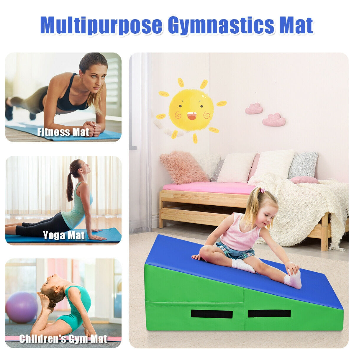 Incline Gymnastics Mat Wedge Ramp Gym Tumbling Exercise Mat-Blue & Green Kids Crystal