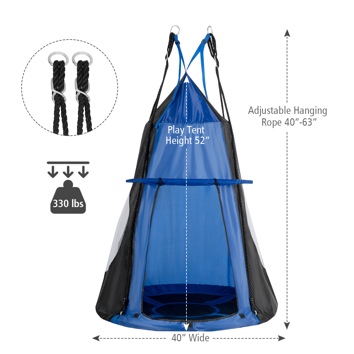 2-in-1 40 Inch Kids Hanging Chair Detachable Swing Tent Set-Blue Kids Crystal