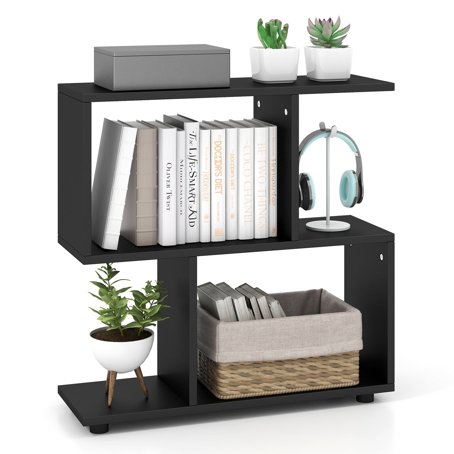 24 Inch 3-Tier Geometric Bookshelf with Thick Foot Pads-Black Kids Crystal