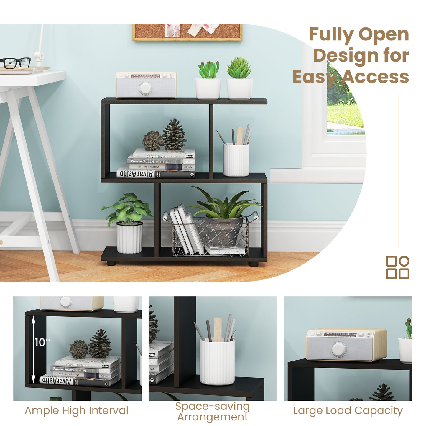 24 Inch 3-Tier Geometric Bookshelf with Thick Foot Pads-Black Kids Crystal