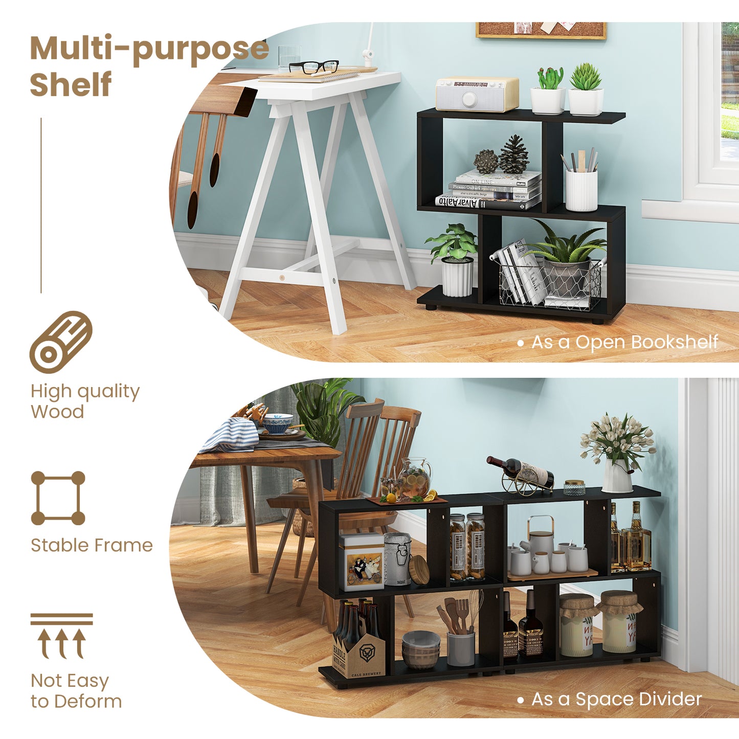 24 Inch 3-Tier Geometric Bookshelf with Thick Foot Pads-Black Kids Crystal