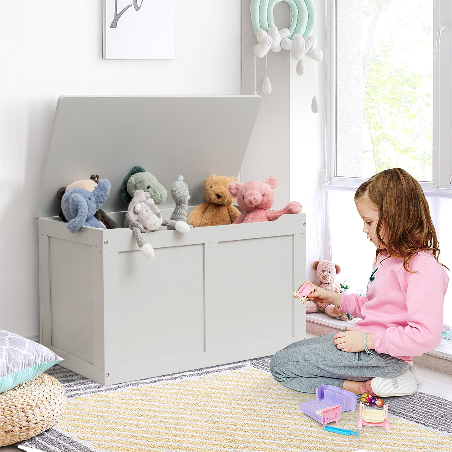 Safety Hinge Wooden Chest Organizer Toy Storage Box-Gray Kids Crystal