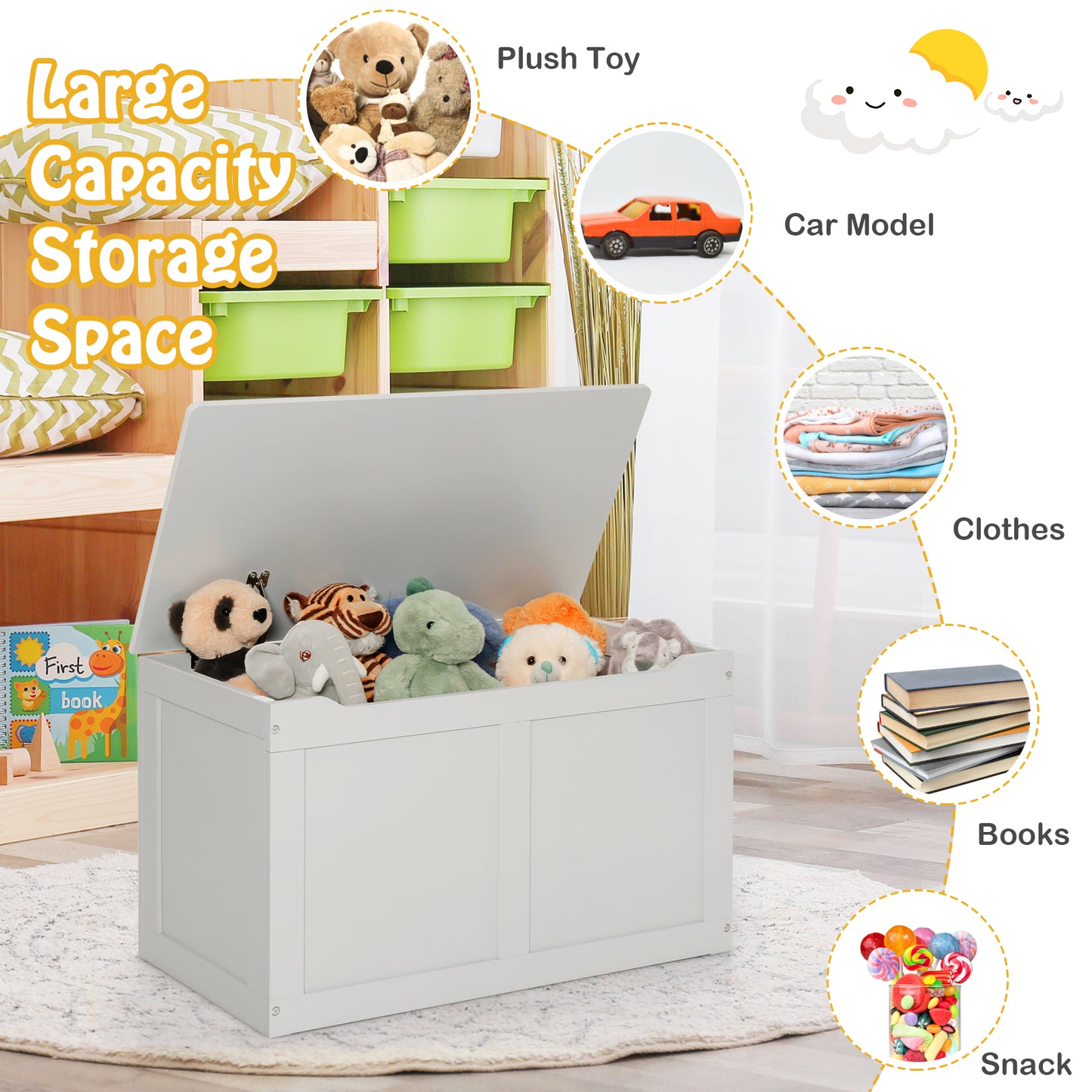 Safety Hinge Wooden Chest Organizer Toy Storage Box-Gray Kids Crystal
