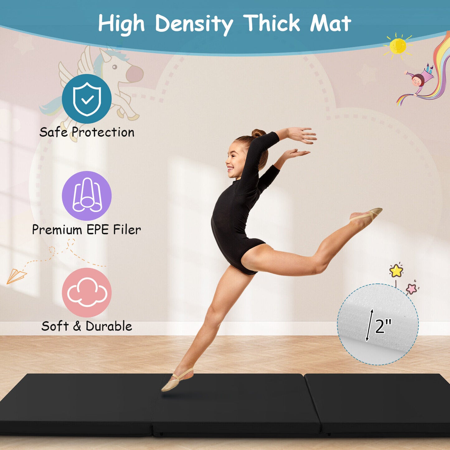 6 x 2 FT Tri-Fold Gym Mat with Handles and Removable Zippered Cover-Black Kids Crystal