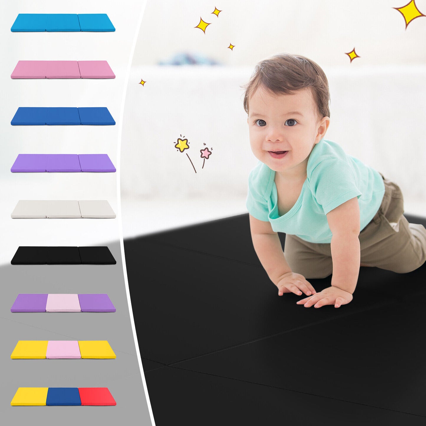 6 x 2 FT Tri-Fold Gym Mat with Handles and Removable Zippered Cover-Black Kids Crystal