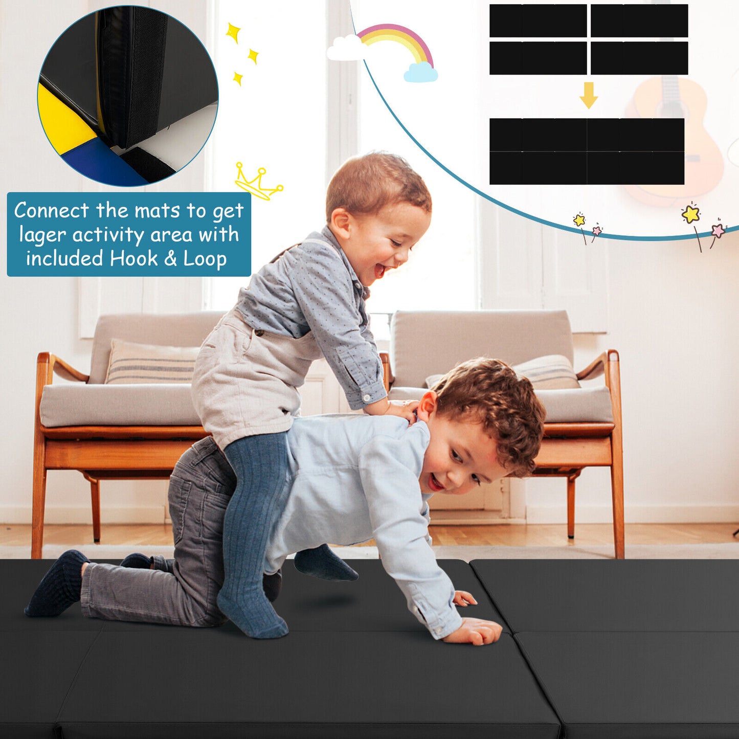 6 x 2 FT Tri-Fold Gym Mat with Handles and Removable Zippered Cover-Black Kids Crystal
