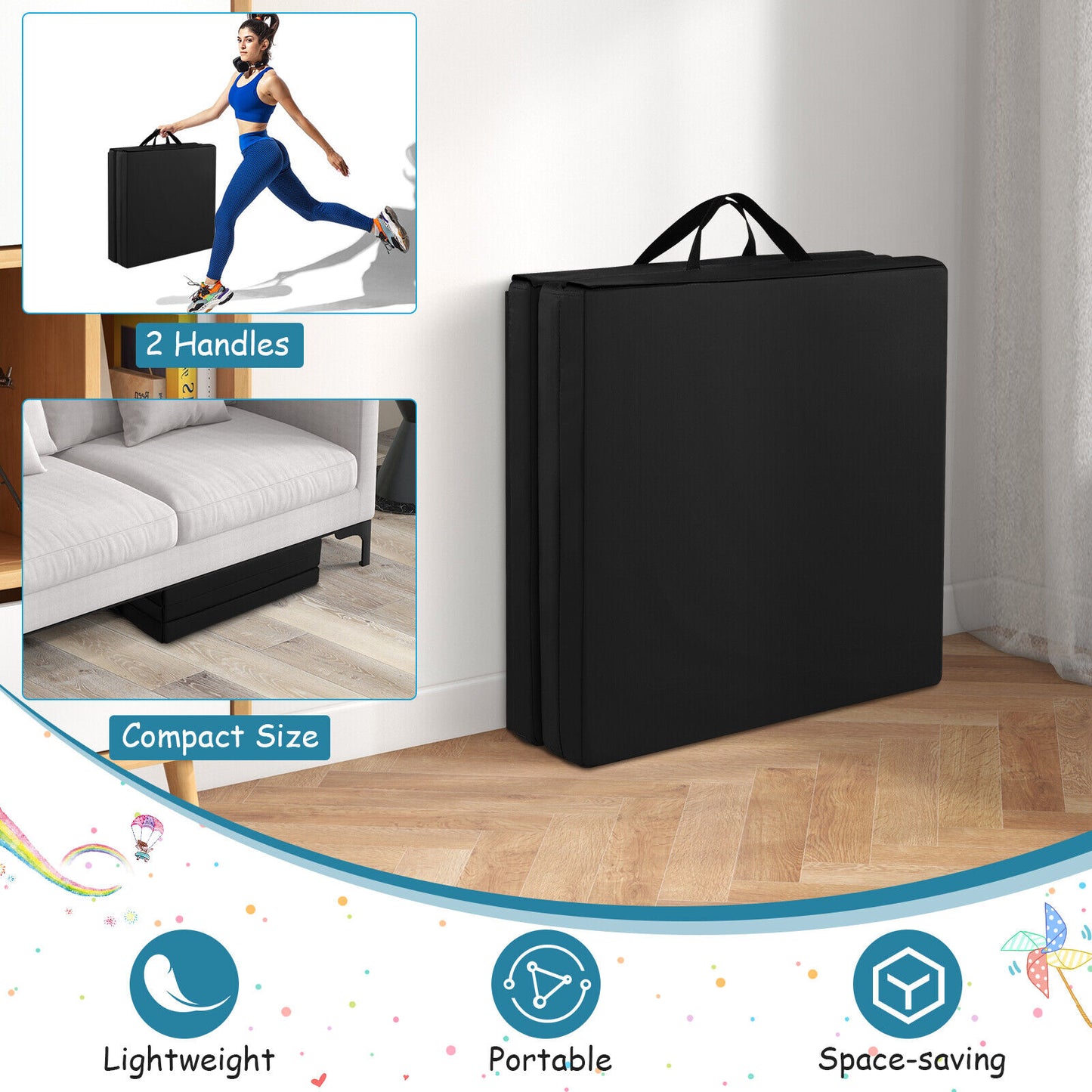 6 x 2 FT Tri-Fold Gym Mat with Handles and Removable Zippered Cover-Black Kids Crystal