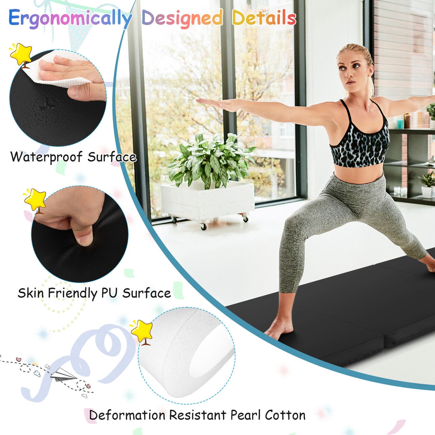 6 x 2 FT Tri-Fold Gym Mat with Handles and Removable Zippered Cover-Black Kids Crystal