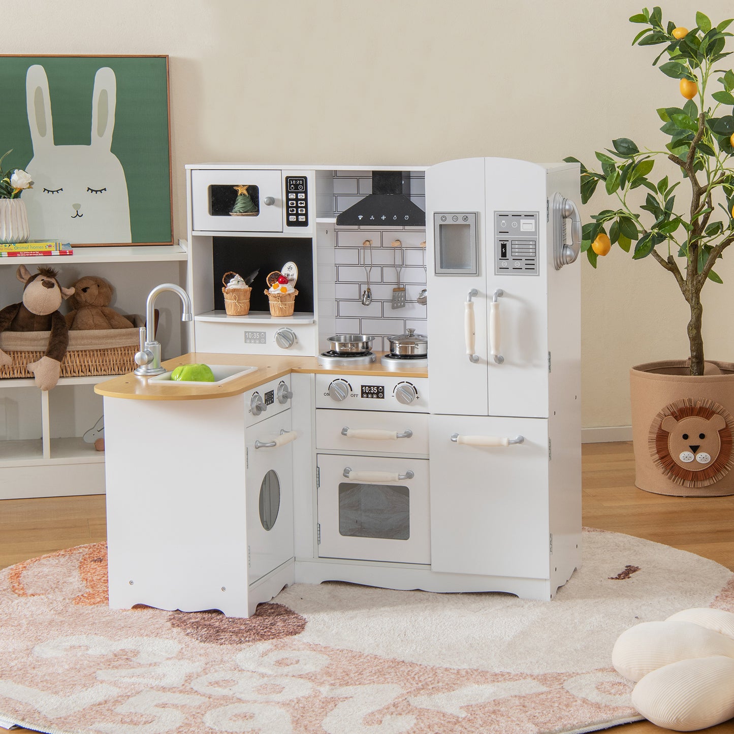 Wooden Kid's Corner Kitchen Playset with Stove for Toddlers-Natural & White Kids Crystal