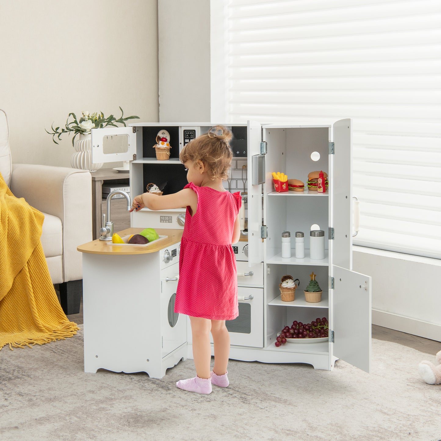 Wooden Kid's Corner Kitchen Playset with Stove for Toddlers-Natural & White Kids Crystal
