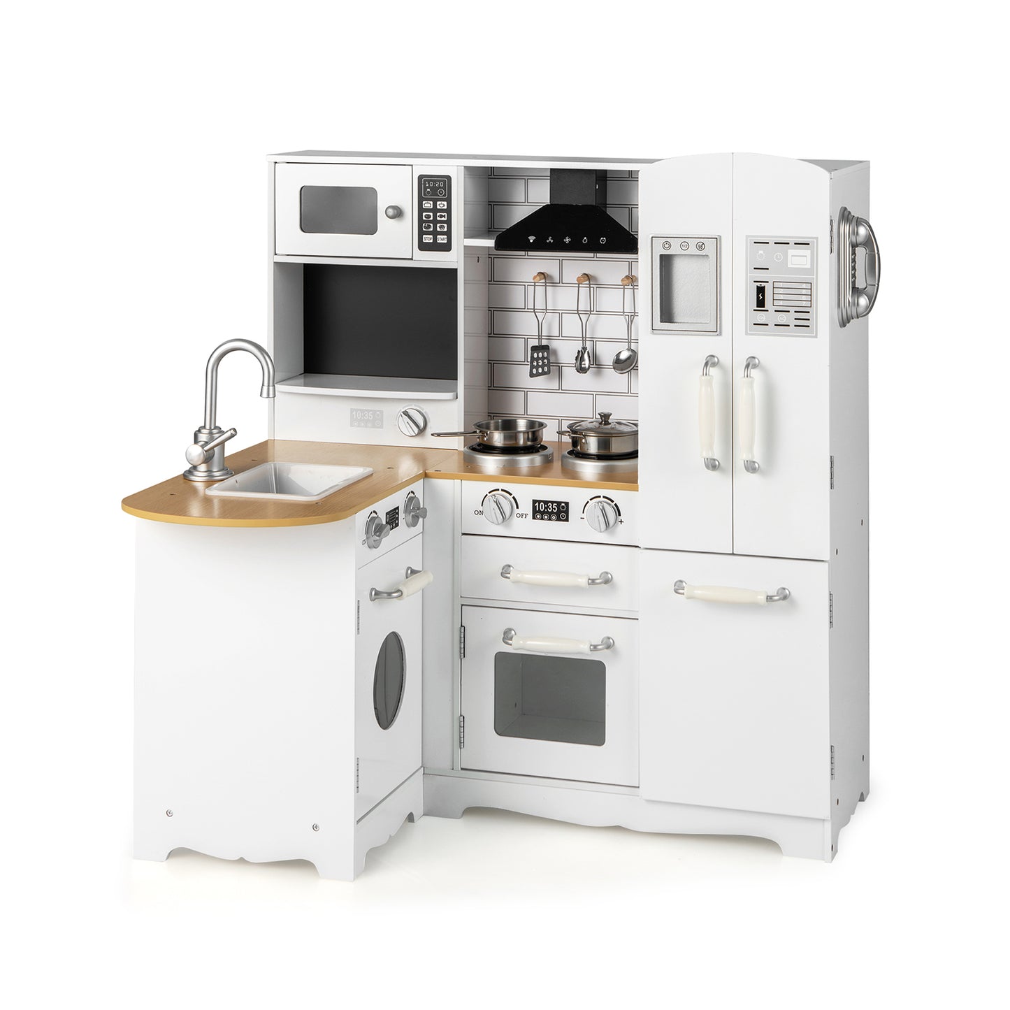 Wooden Kid's Corner Kitchen Playset with Stove for Toddlers-Natural & White Kids Crystal