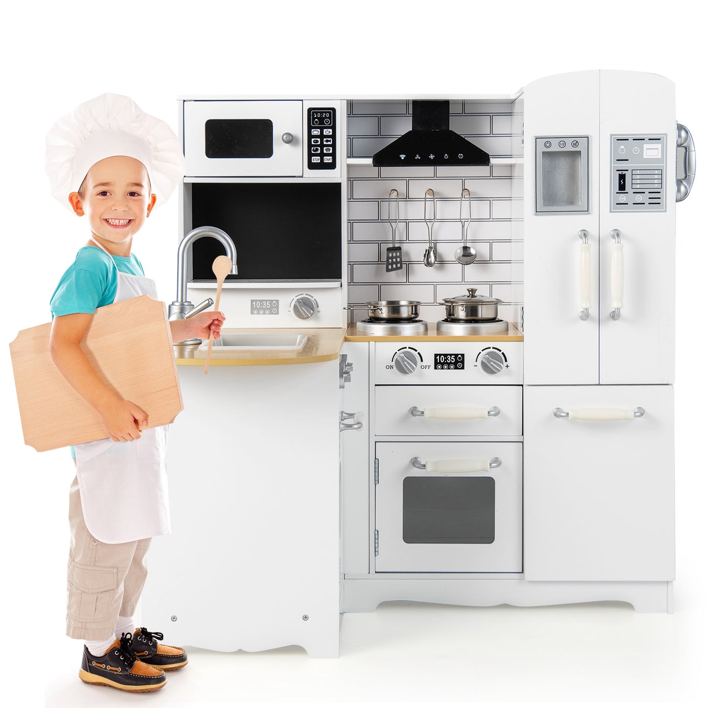 Wooden Kid's Corner Kitchen Playset with Stove for Toddlers-Natural & White Kids Crystal