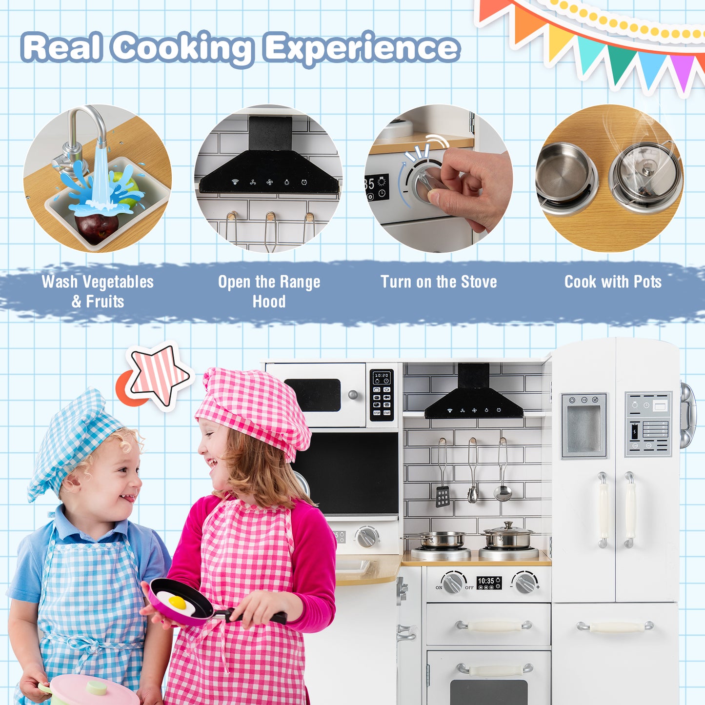 Wooden Kid's Corner Kitchen Playset with Stove for Toddlers-Natural & White Kids Crystal