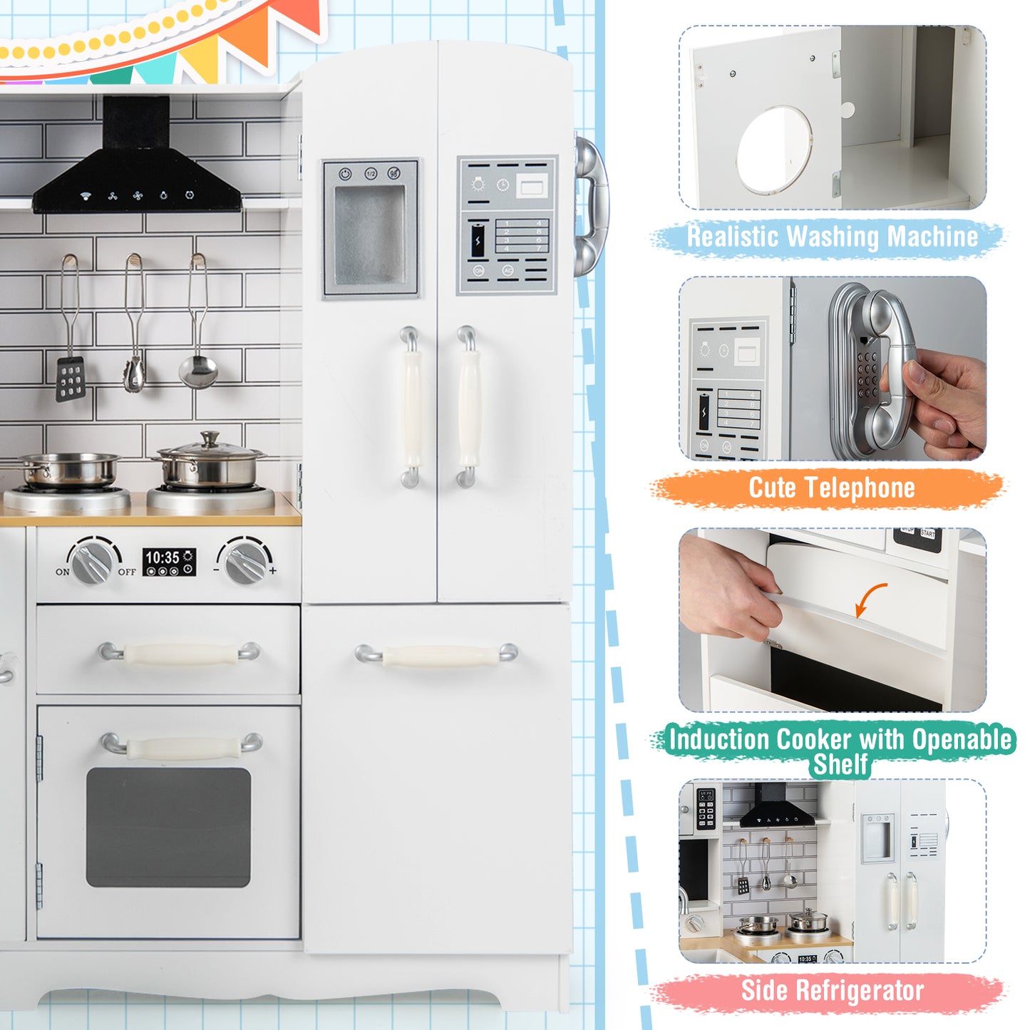 Wooden Kid's Corner Kitchen Playset with Stove for Toddlers-Natural & White Kids Crystal