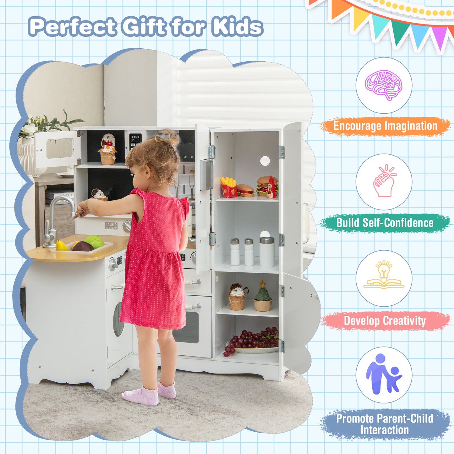 Wooden Kid's Corner Kitchen Playset with Stove for Toddlers-Natural & White Kids Crystal