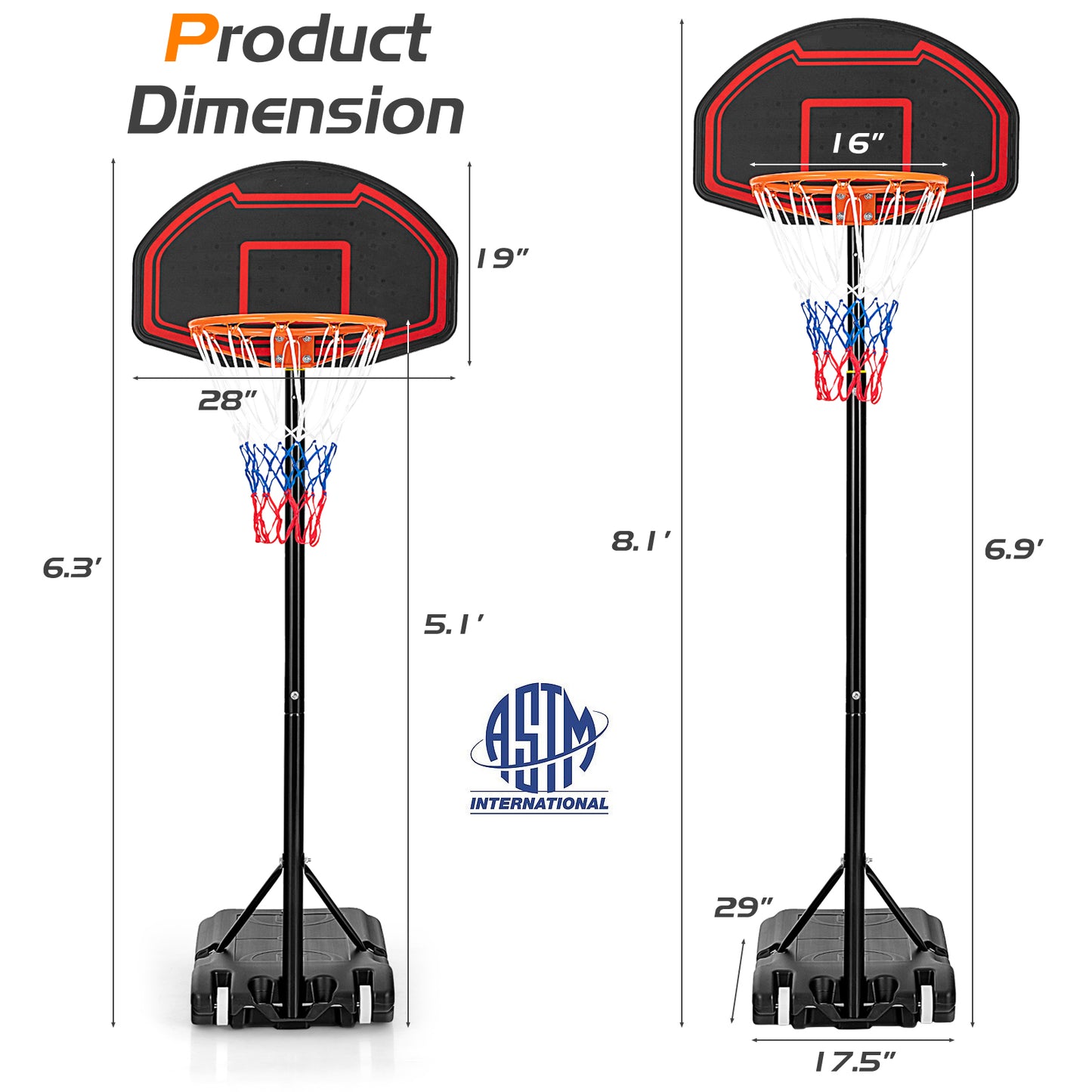 Adjustable Kids' Basketball Hoop Stand with Durable Net and Wheel Kids Crystal