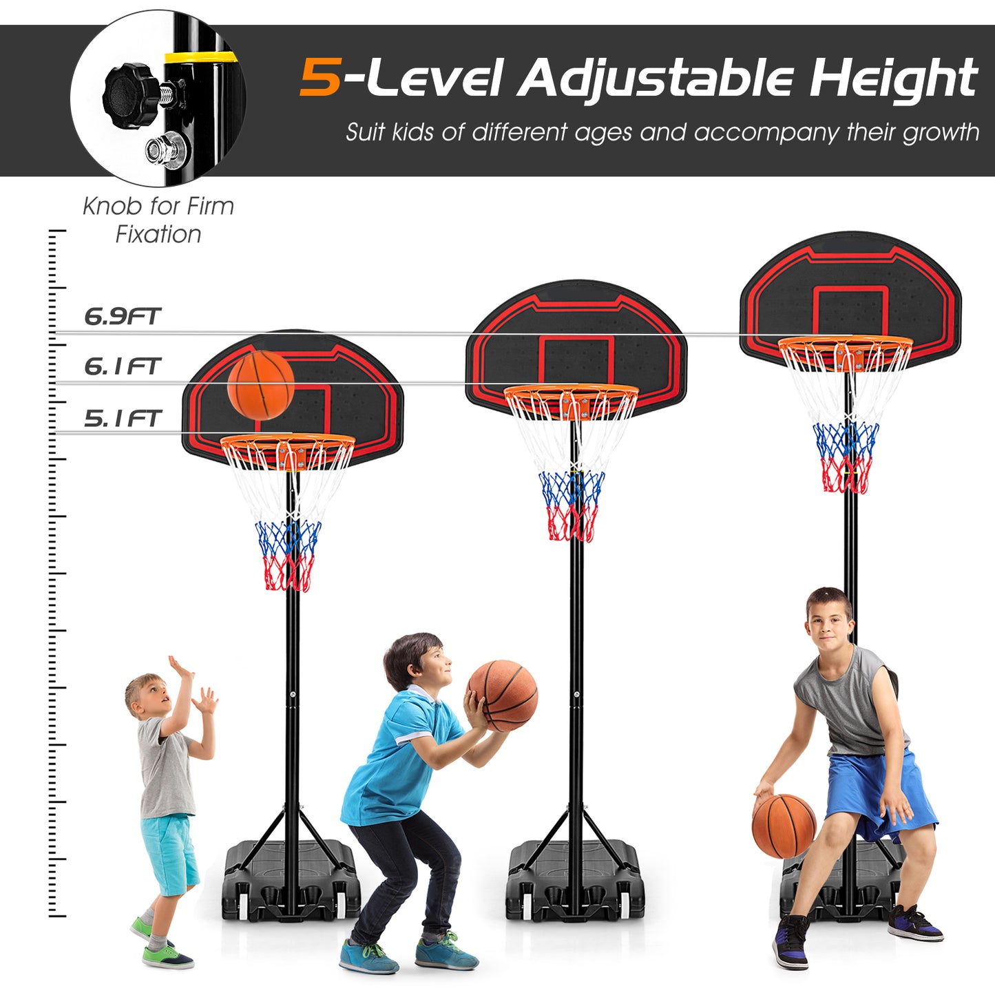 Adjustable Kids' Basketball Hoop Stand with Durable Net and Wheel Kids Crystal