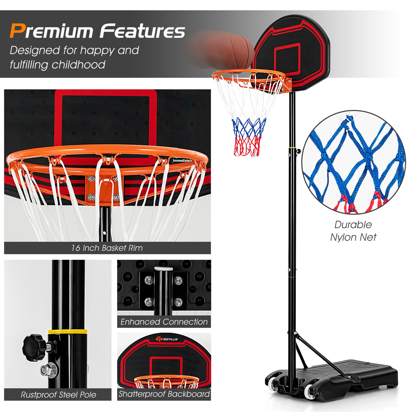 Adjustable Kids' Basketball Hoop Stand with Durable Net and Wheel Kids Crystal