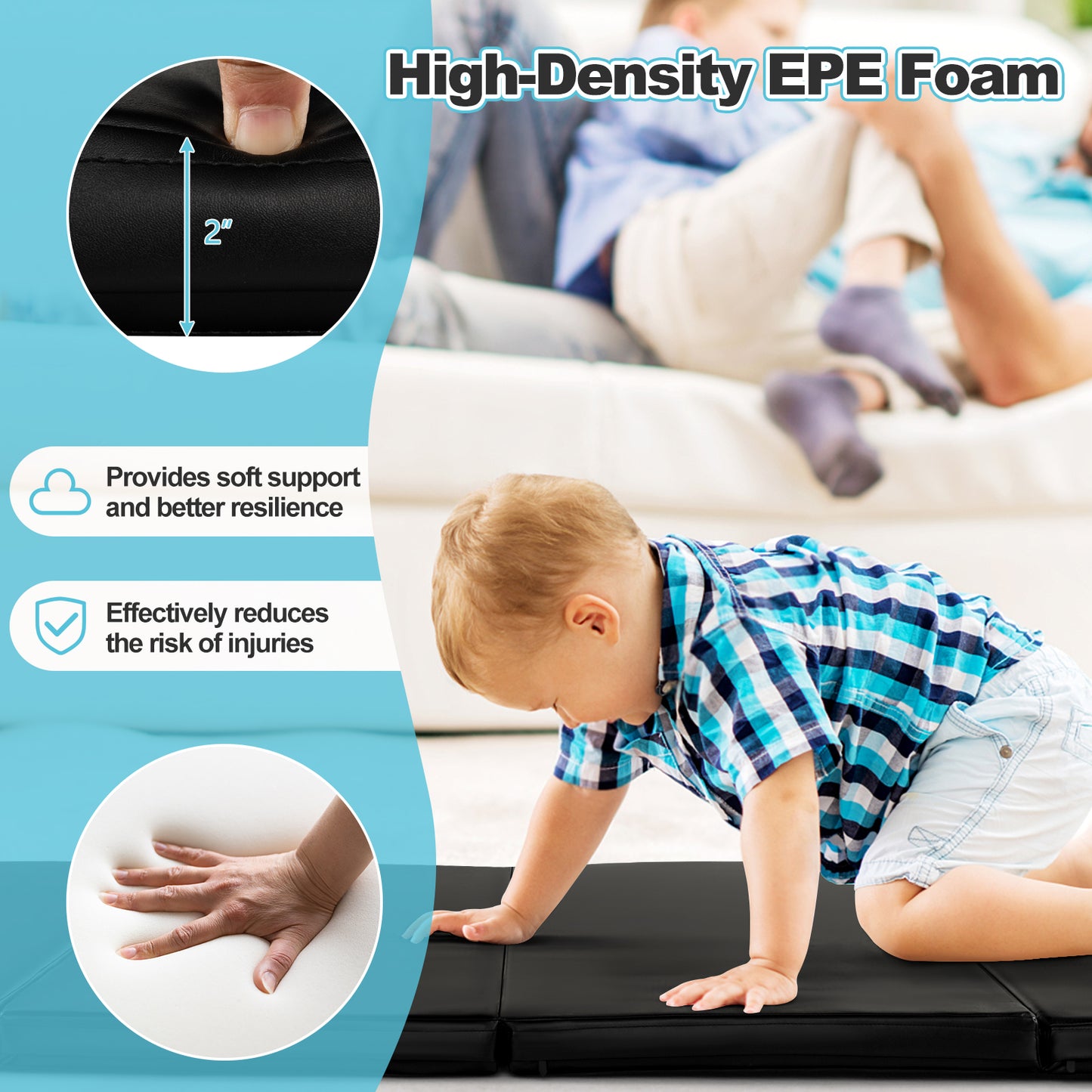 Folding Gymnastics Mat with Carry Handles and Sweatproof Detachable PU Leather Cover-Black Kids Crystal