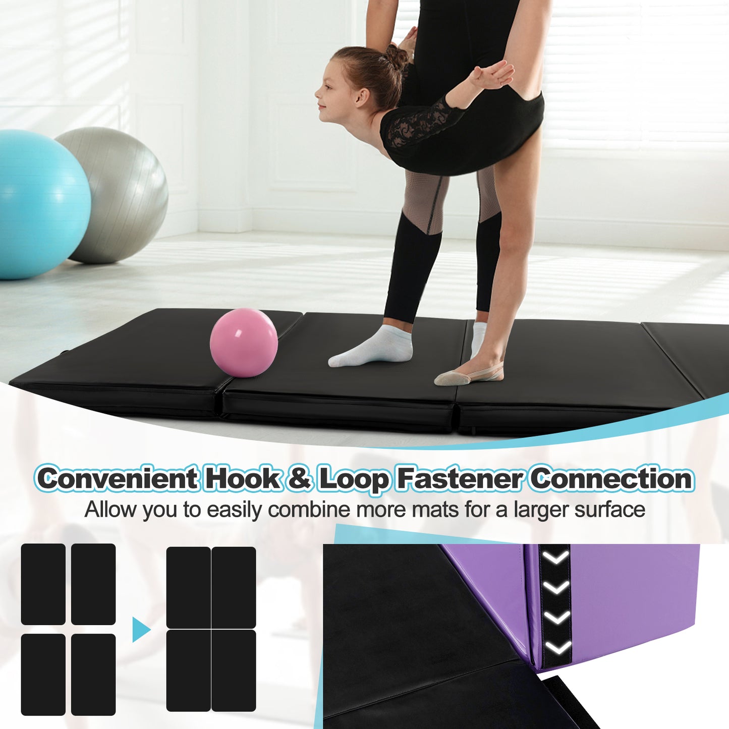 Folding Gymnastics Mat with Carry Handles and Sweatproof Detachable PU Leather Cover-Black Kids Crystal