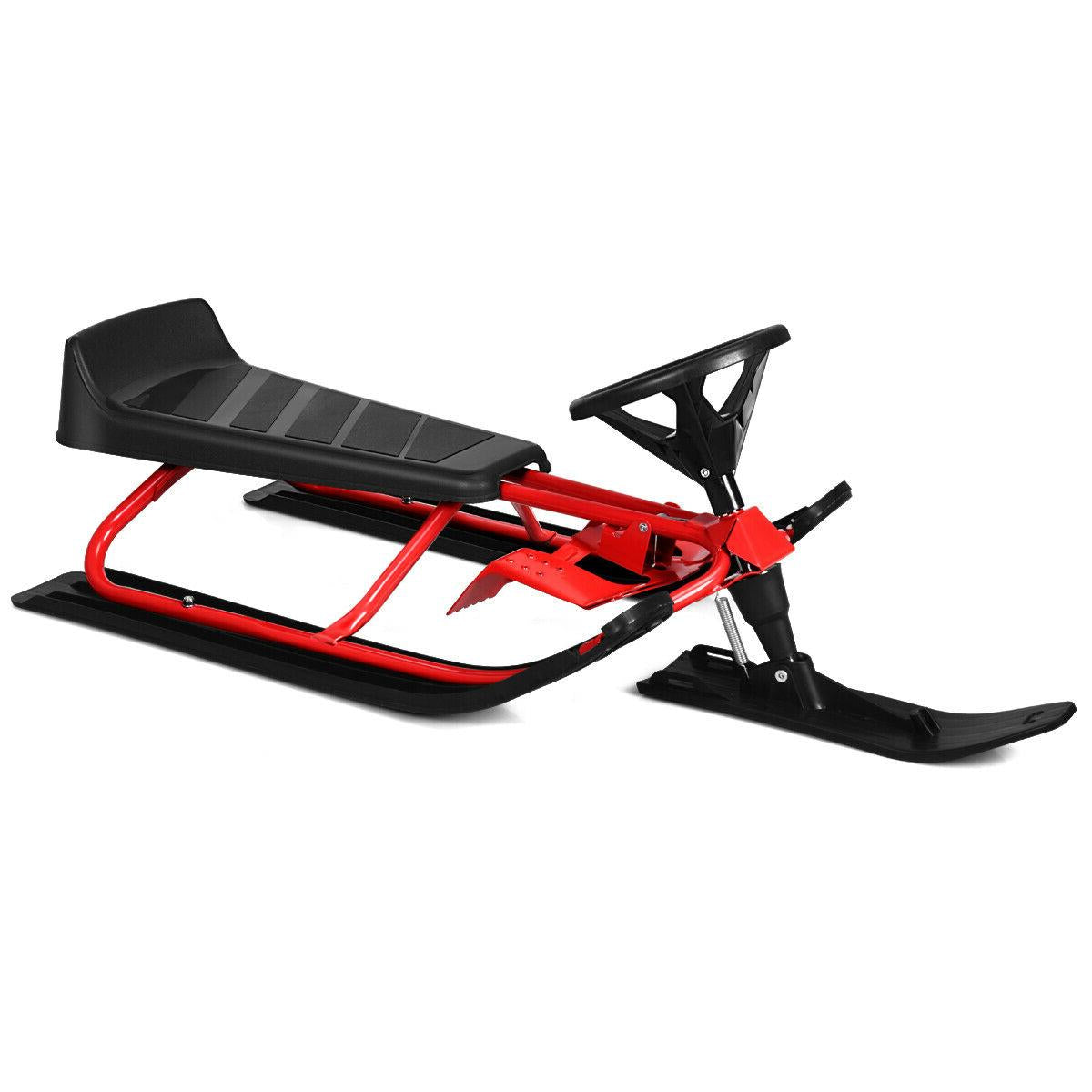 Kids Snow Sled with Steering Wheel and Double Brakes Pull Rope-Red Kids Crystal