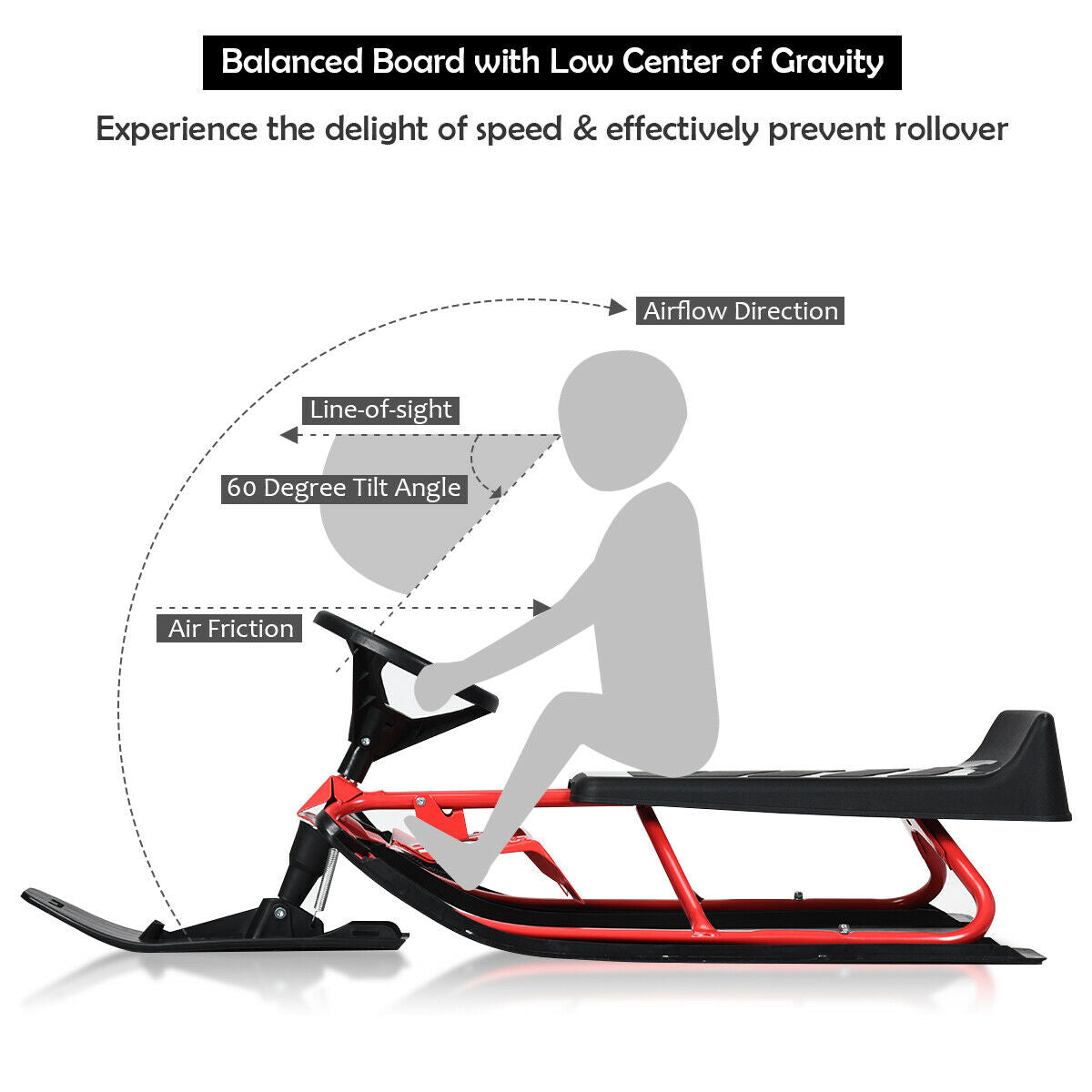 Kids Snow Sled with Steering Wheel and Double Brakes Pull Rope-Red Kids Crystal