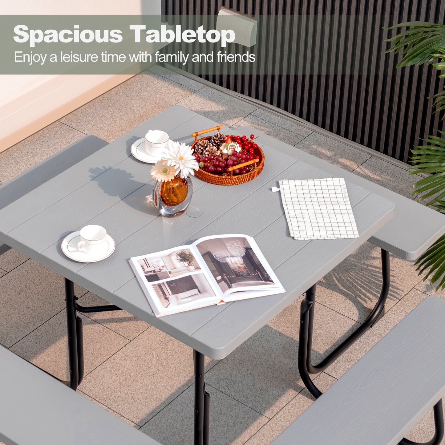 Outdoor Picnic Table with 4 Benches and Umbrella Hole-Gray Kids Crystal