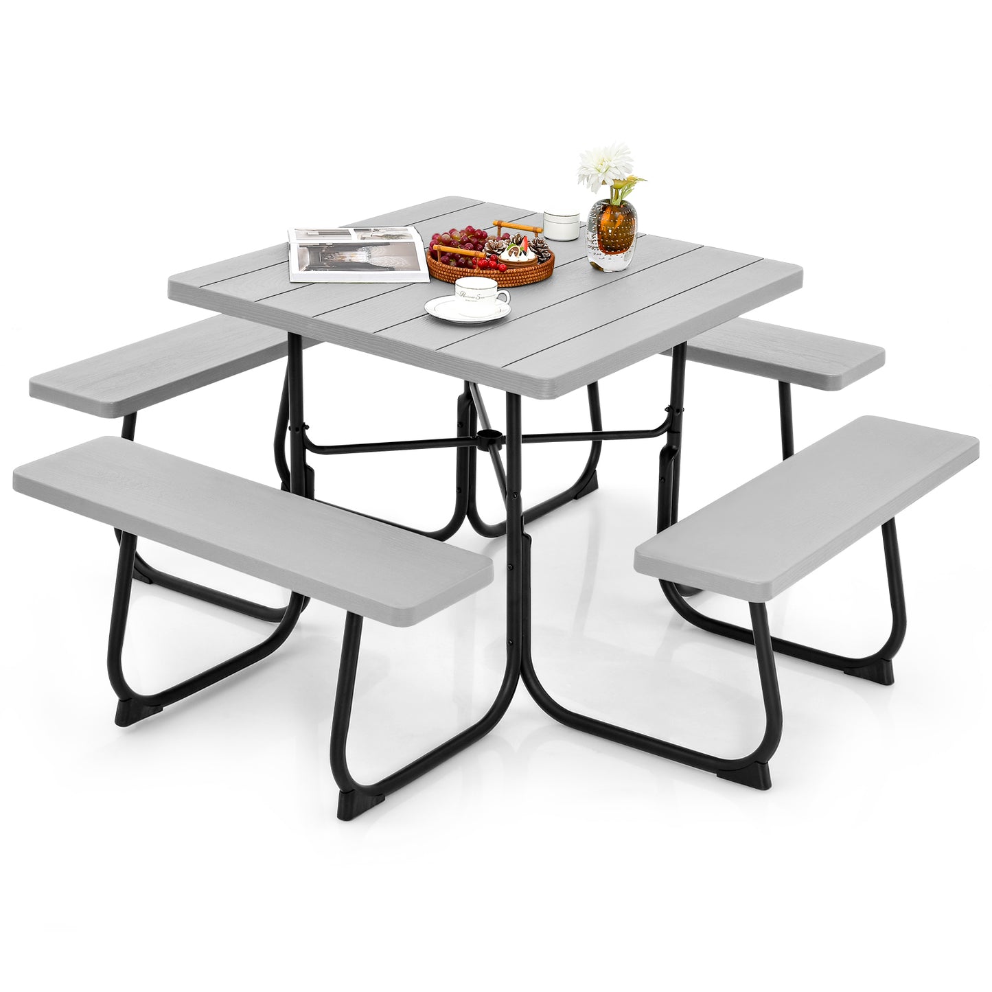 Outdoor Picnic Table with 4 Benches and Umbrella Hole-Gray Kids Crystal