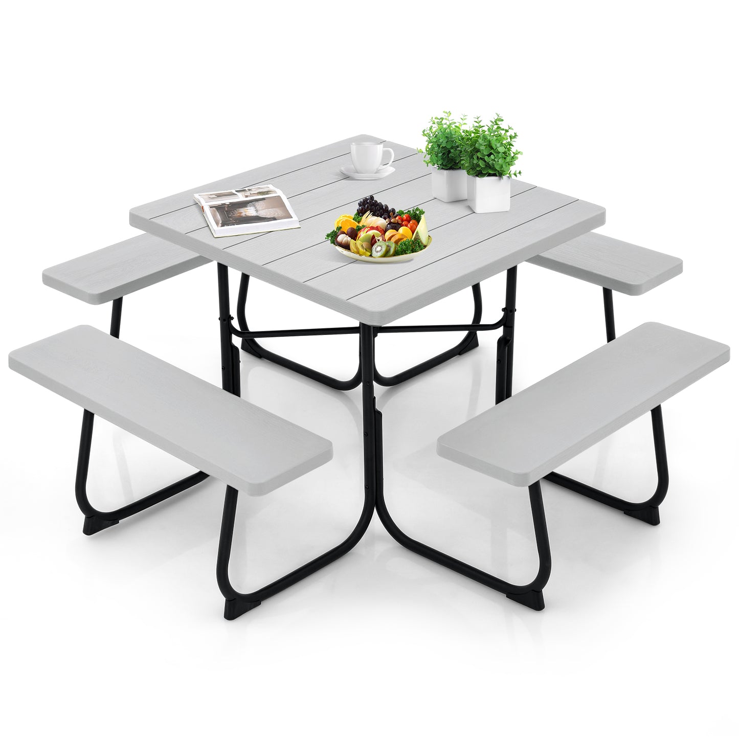 Outdoor Picnic Table with 4 Benches and Umbrella Hole-Gray Kids Crystal
