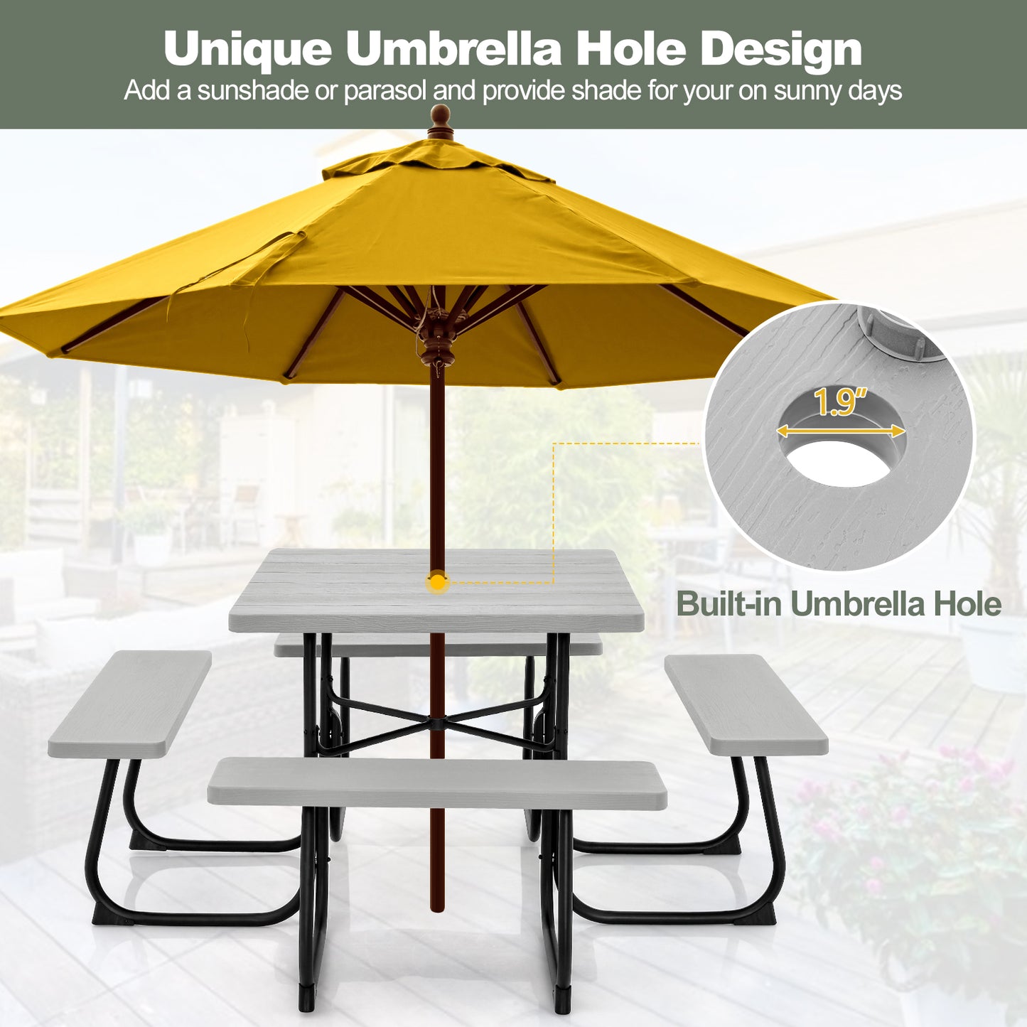 Outdoor Picnic Table with 4 Benches and Umbrella Hole-Gray Kids Crystal