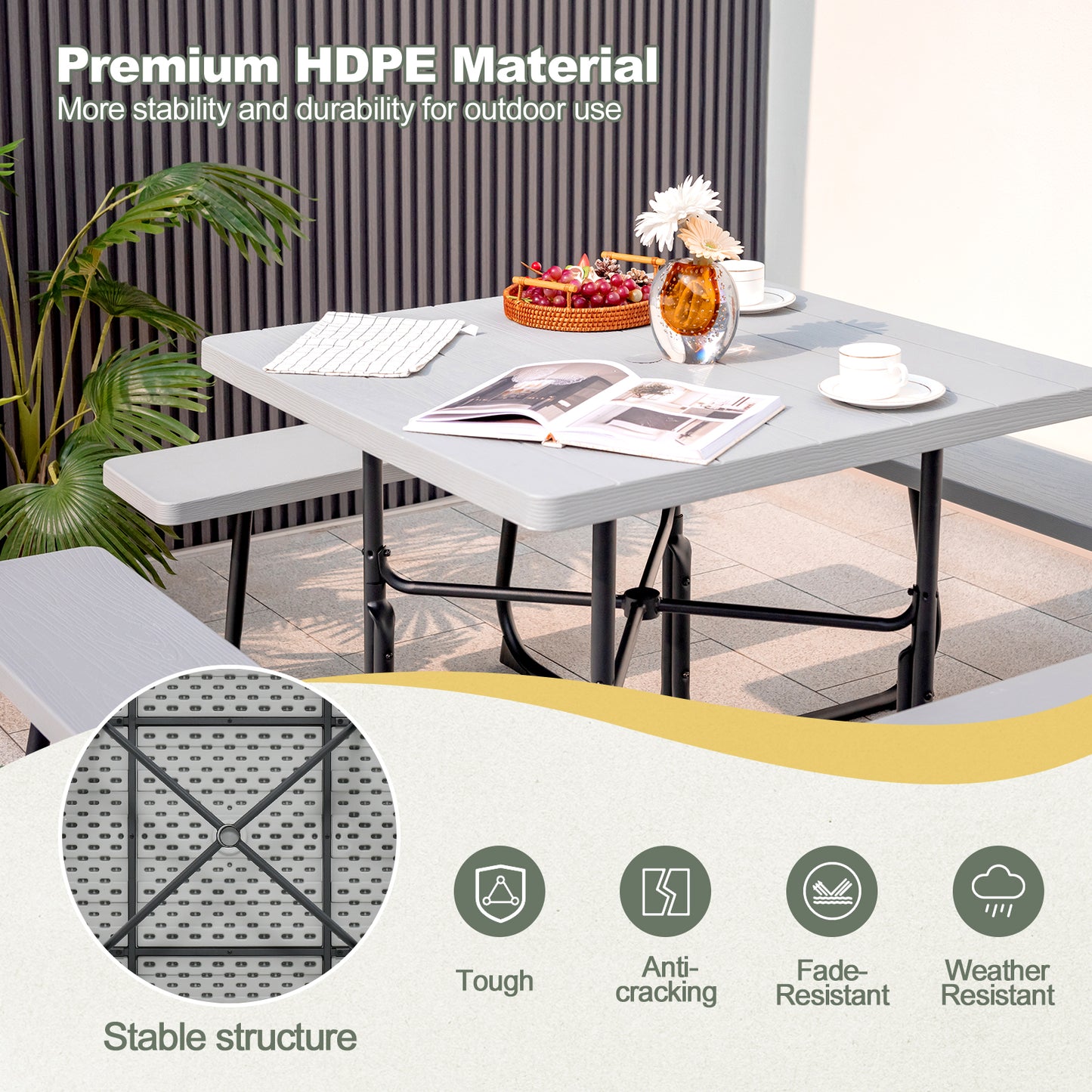 Outdoor Picnic Table with 4 Benches and Umbrella Hole-Gray Kids Crystal