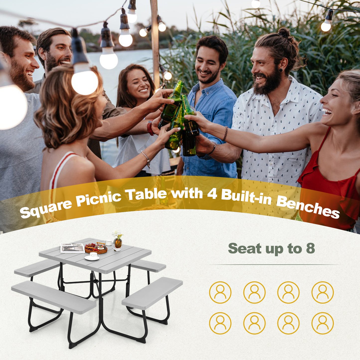 Outdoor Picnic Table with 4 Benches and Umbrella Hole-Gray Kids Crystal