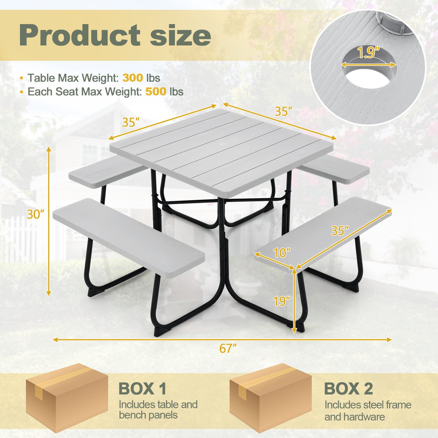 Outdoor Picnic Table with 4 Benches and Umbrella Hole-Gray Kids Crystal