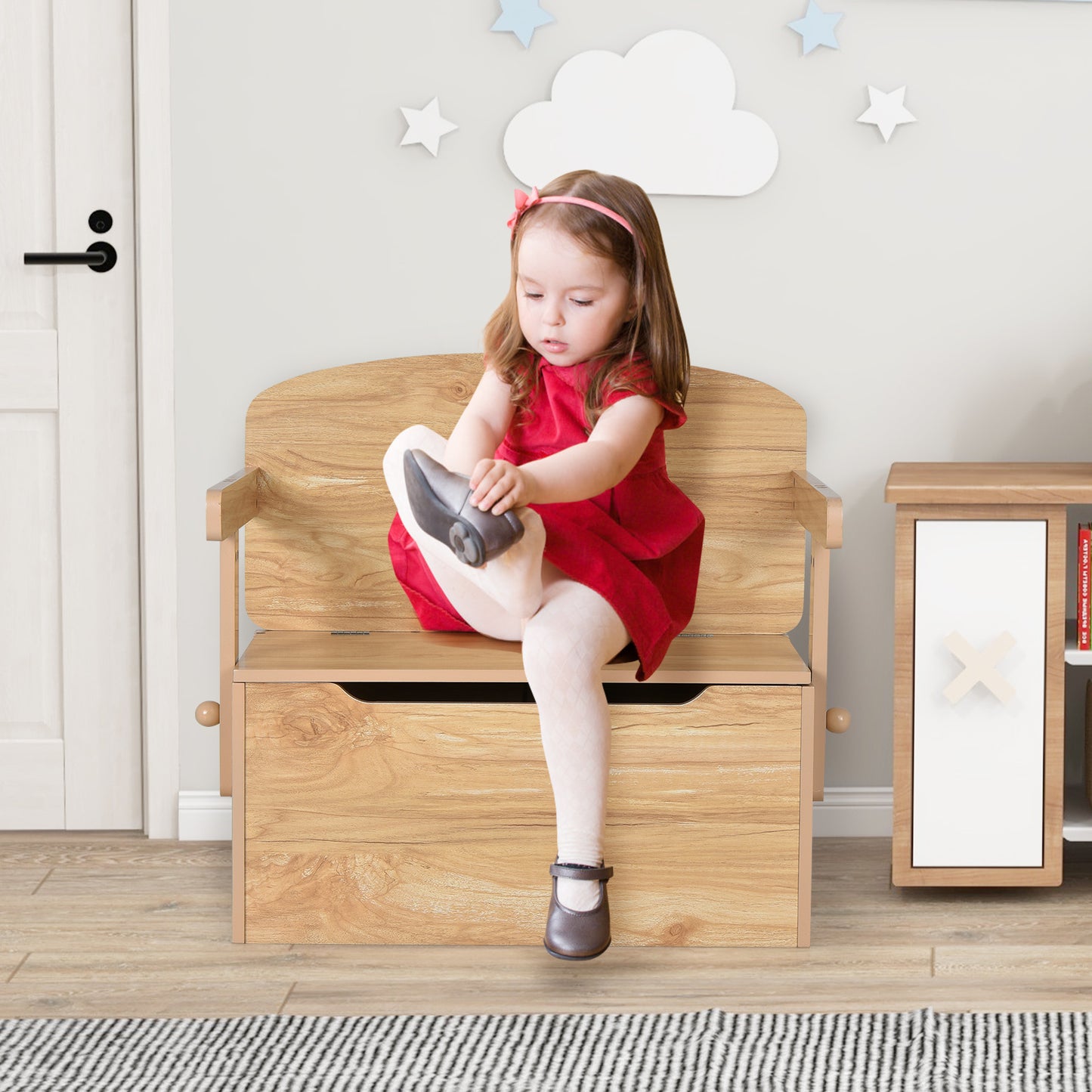 3-in-1 Kids Convertible Storage Bench Wood Activity Table and Chair Set-Natural Kids Crystal