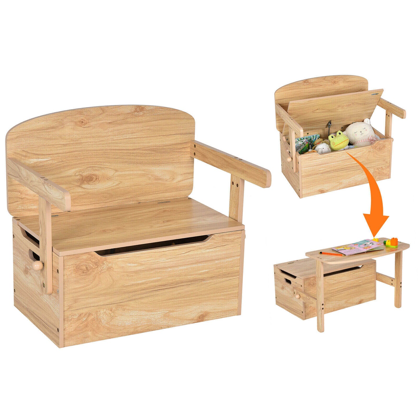3-in-1 Kids Convertible Storage Bench Wood Activity Table and Chair Set-Natural Kids Crystal