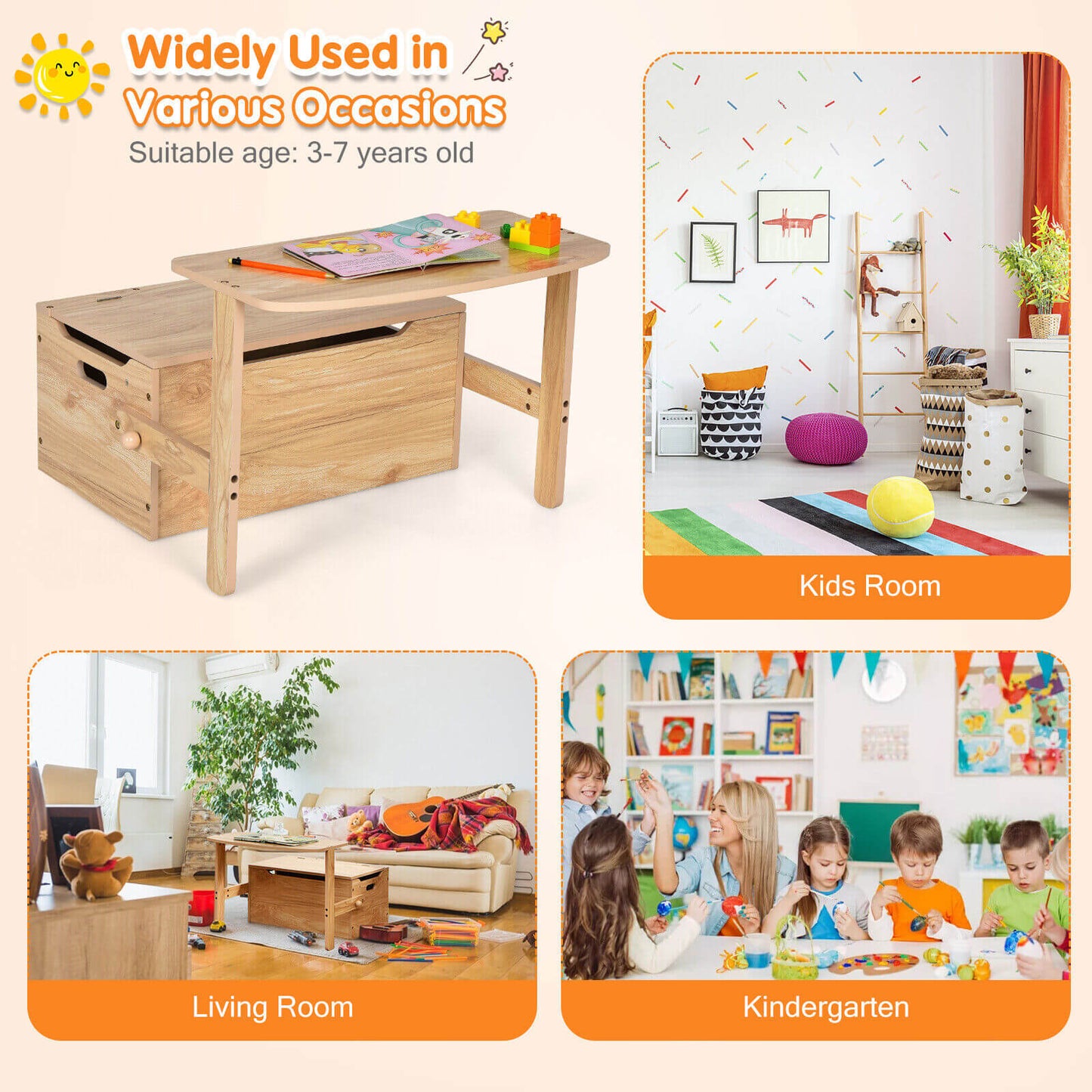 3-in-1 Kids Convertible Storage Bench Wood Activity Table and Chair Set-Natural Kids Crystal